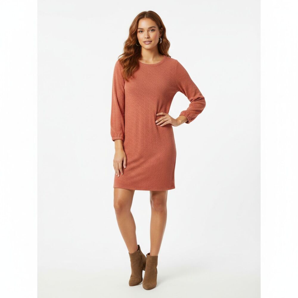 Dressystar Textured Long Sleeve Mini Dress - Rust/Terracotta - Size XL